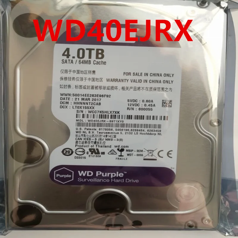 

New Original HDD For WD Purple 4TB 3.5" SATA 6 Gb/s 64MB 5400RPM For Internal HDD For Surveillance HDD For WD40EJRX