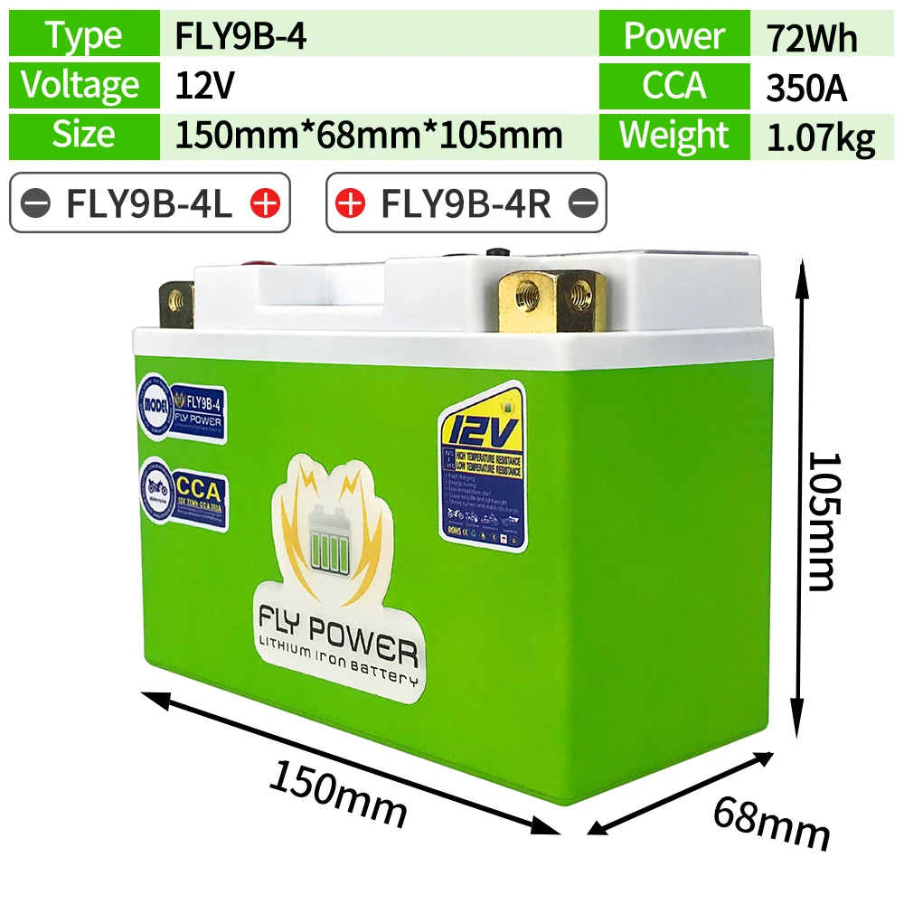 FLY9B-4 12V Motorcycle LiFePO4 Battery CCA 350A With BMS Scooter Lithium Iron Motorbike Battery Replace YT9B-BS YT9B-4 GT9B-4
FLY9B-4 12V Motorcycle LiFePO4 Battery CCA 350A With BMS Scooter Lithium Iron Motorbike Battery Replace YT9B-BS YT9B-4 GT9B-4