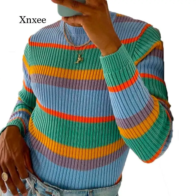 Модный облегающий мужской свитер в радужную полоску, модель 2020 года, в европейском стиле, стильная мужская одежда, повседневный вязаный свитер
Модный облегающий мужской свитер в радужную полоску, модель 2020 года, в европейском стиле, стильная мужская одежда, повседневный вязаный свитер