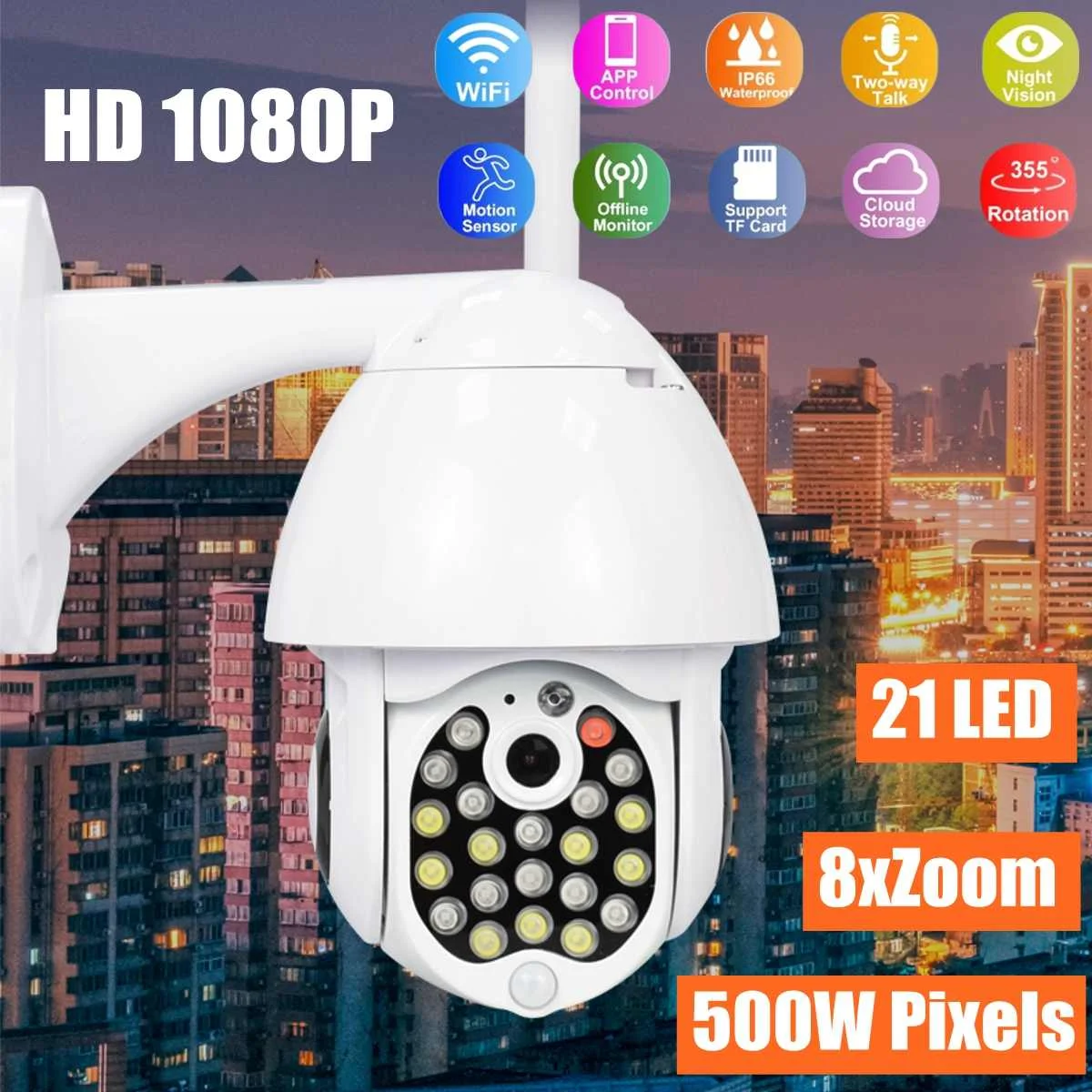 New 5.0MP 21 LED IP Camera 8X Zoom WiFi Dome Surveillance Camera Full Color Night Vision Pan/Tilt Rotation IP66 Waterproof
New 5.0MP 21 LED IP Camera 8X Zoom WiFi Dome Surveillance Camera Full Color Night Vision Pan/Tilt Rotation IP66 Waterproof