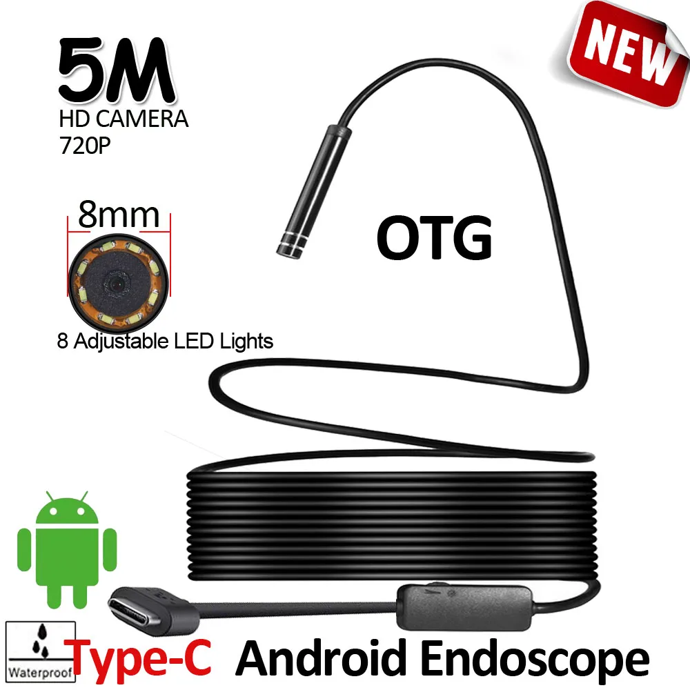 Тип USB-C Android эндоскоп Камера 8LED 8 мм HD720P 5 м Гибкая Змея Жесткий провод/кабель USB C