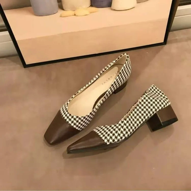 

Small Fragrance Style Single Shoes New Spring And Autumn Fashion Mid-High Heel Shallow Mouth Square Toe Thick Heel Gentle Shoes
