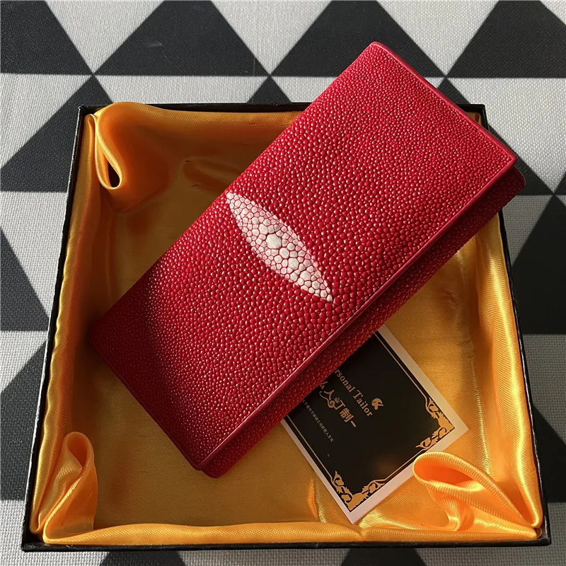 

Authentic Real True Stingray Skin Women Thin Bifold Wallet Female Long Red Purse Genuine Exotic Leather Lady Large Card Holders