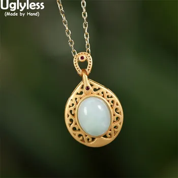 

Uglyless Hollow Vintage Ethnic Water Drop Gemstones Necklaces No Chain Luxury Nature Emerald Gemstone Pendants 925 Silver Bijoux