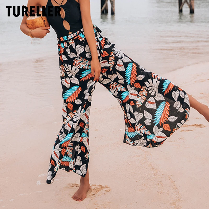 

90cm Length Black Print Beach Cover Up Swimwear Beach Pants Side Slits Wrap Chiffon Swim Bottoms Women Holiday Vacation Clothing