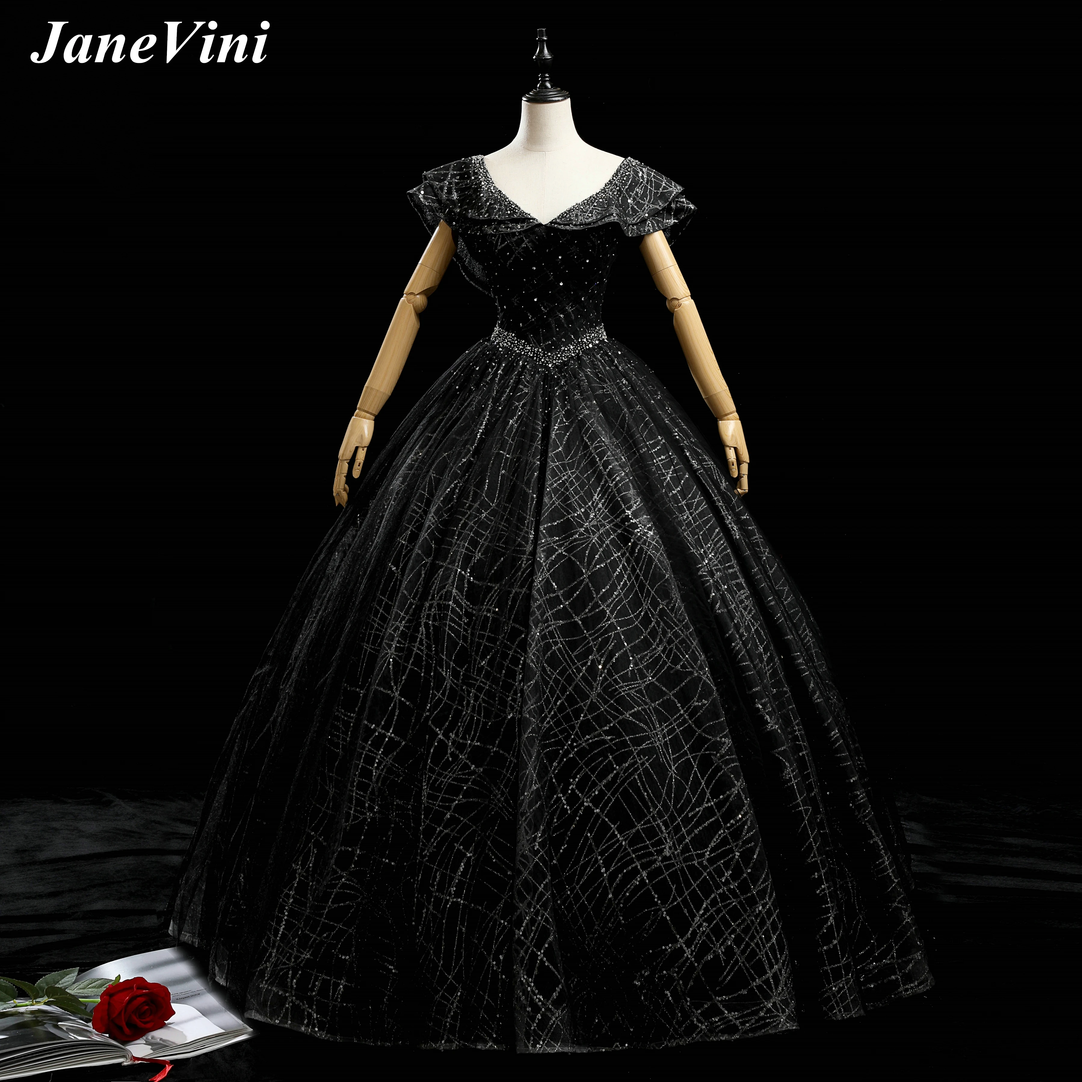 

JaneVini Luxury Black Long Quinceanera Plus Size Dresses Ball Gown 2021 V Neck Sparkly Beading Dubai Arabic Sweet 16 Prom Gowns