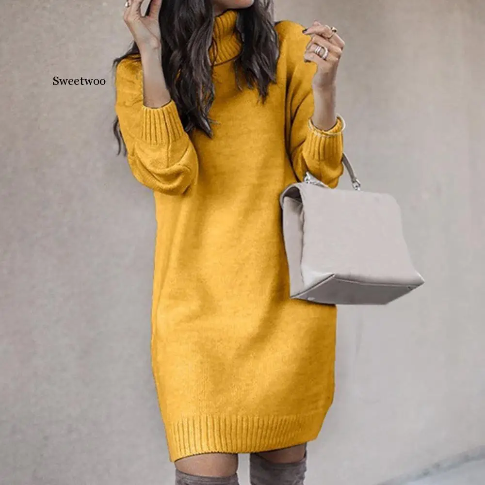 

Turtleneck Long Sleeve Sweater Dress Women Autumn Winter Loose Tunic Knit Pullovers Sweater Casual Knitted Dresses