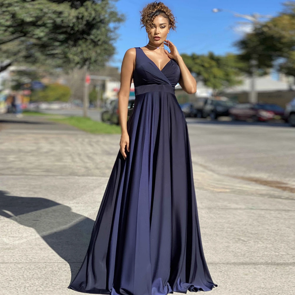 

Dark Blue Evening Dresses 2021 Simple V-Neck Pink Prom Gowns Elegant A-Line Satin Sleeveless Custom Party Dress robes de soirée