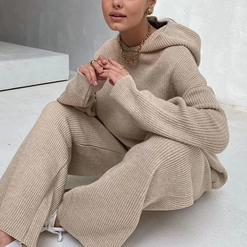 

2023 New Knitted Sweat Suits Women Matching Tracksuit Sets Hoodies And Wide Leg Pants Loungewear Sweater Set Two Piece Outfits