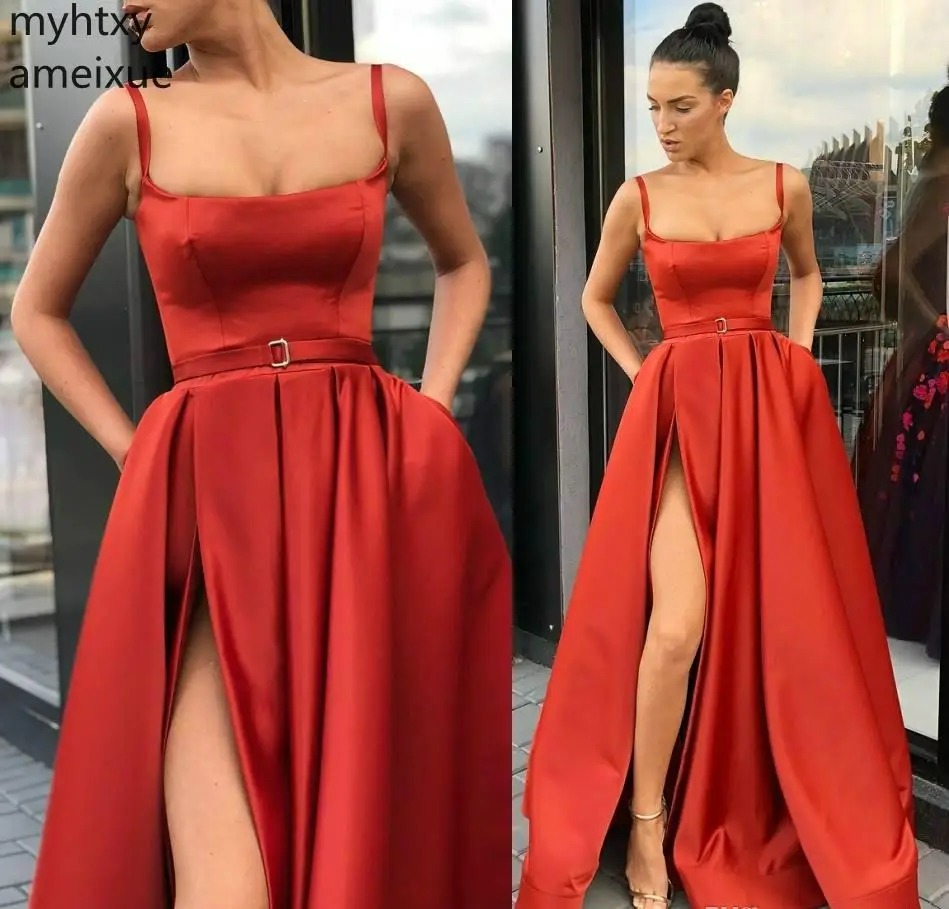 

2021 Cheap Saudi Arabic African Red Sexy Evening Dress A Line High Thigh Split Women Wear Party Prom Gown Custom Made Plus Size