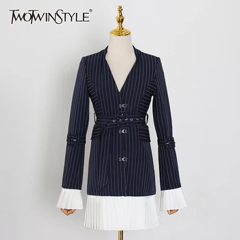 TWOTWINSTYLE Elegant Stripe Patchwork Ruffle Blazer Notched Flare Sleeve Hit Color Sashes Female Suit Spring Fashion New 2020
TWOTWINSTYLE Elegant Stripe Patchwork Ruffle Blazer Notched Flare Sleeve Hit Color Sashes Female Suit Spring Fashion New 2020