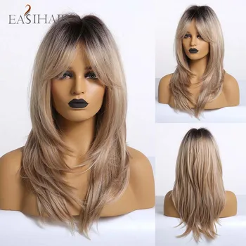 

EASIHAIR Long Wavy Synthetic Wigs for Afro Women Blonde Ombre Hair Wigs with Bangs Layered Heat Resistant Cosplay Natural Wigs