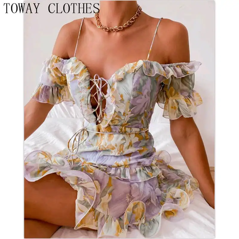 

Dress For Women 2022 Cold Shoulder Short Sleeve Lace-up Ruffle Hem Floral Print Dress Flared Vestidos Elegantes Para Mujer