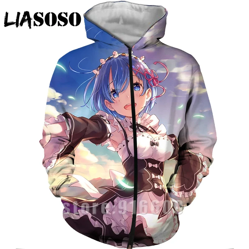 Re Zero Rem 3D Print Hooded Sweatshirt Women Men Ram Anime Hoodies Casual Design Jacket Harajuku style Pullover Zipper Hoodie (2)