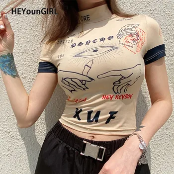 HEYounGIRL Printed Khaki Skinny Short Sleeve T-shirt Women Fashio Casual Tee Shirt Women Stand Collar Cropped T-shirts Summer 
HEYounGIRL Printed Khaki Skinny Short Sleeve T-shirt Women Fashio Casual Tee Shirt Women Stand Collar Cropped T-shirts Summer