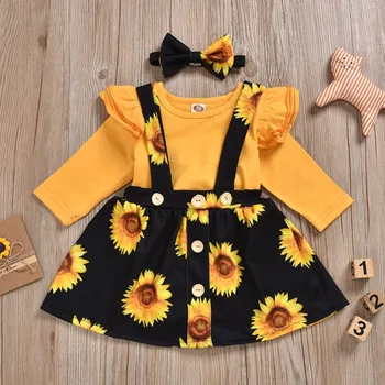 Ins, two-piece set, long sleeve T-shirt + strap skirt, children, baby suit, sunflower, Romper, hot sale 
Ins, two-piece set, long sleeve T-shirt + strap skirt, children, baby suit, sunflower, Romper, hot sale
