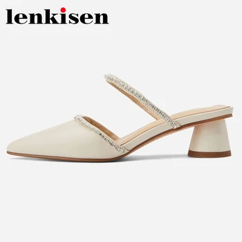 Lenkisen full grain leather pointed toe high heels slip on mules rhinestone beauty lady streetwear party modern women pumps L43 
Lenkisen full grain leather pointed toe high heels slip on mules rhinestone beauty lady streetwear party modern women pumps L43