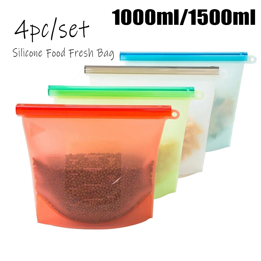 

4pcs Silicone Bag Reusable Silicone Food Bag Zero Waste Ziplock Food Storage Bag Refrigerator Fresh Bags Organizer 1000ml/1500ml