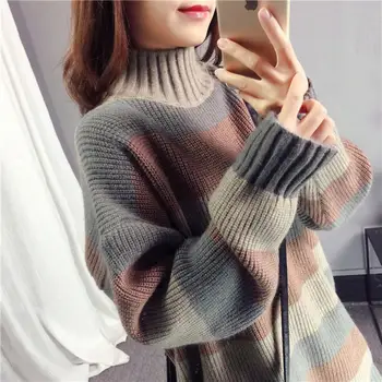 2020 Winter new style loose lazy wind long section wide stripe color matching half high collar knitted pullover sweater
2020 Winter new style loose lazy wind long section wide stripe color matching half high collar knitted pullover sweater