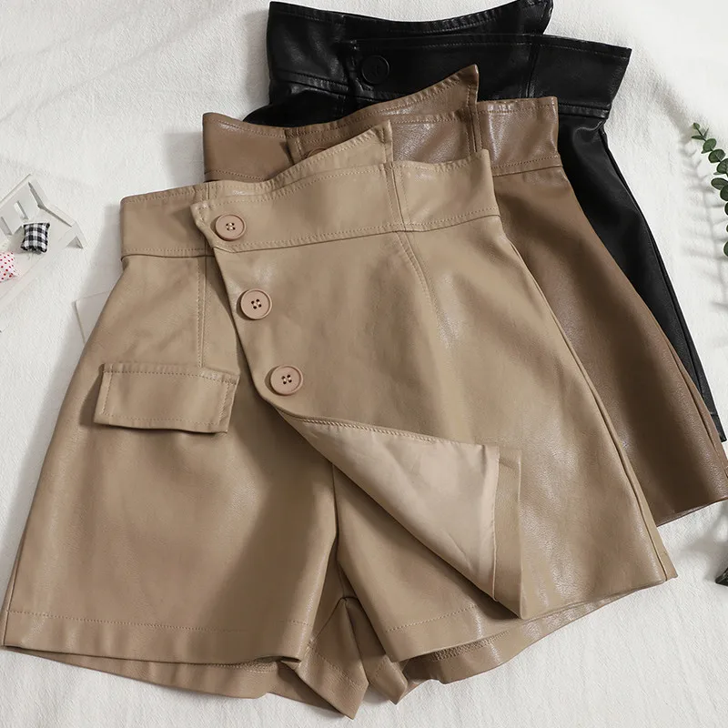 2021 Autumn Breasted Irregular Shorts Skirts Women High Waist A Line PU Leather Shorts Female All Match Wide Leg Casual Shorts
2021 Autumn Breasted Irregular Shorts Skirts Women High Waist A Line PU Leather Shorts Female All Match Wide Leg Casual Shorts