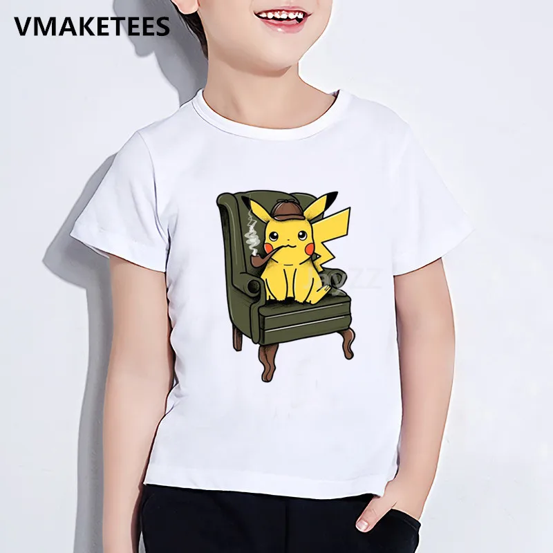 Фото Детская футболка с принтом Pokemon Go Detective Pikachu забавная одежда летняя белая для