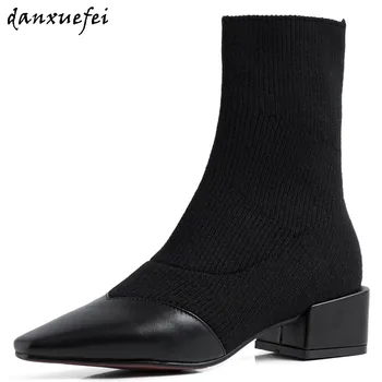 Women's genuine leather Stretch knit patchwork slip-on thick high heel autumn ankle boots pointed toe ladies slim short shoes
Women's genuine leather Stretch knit patchwork slip-on thick high heel autumn ankle boots pointed toe ladies slim short shoes