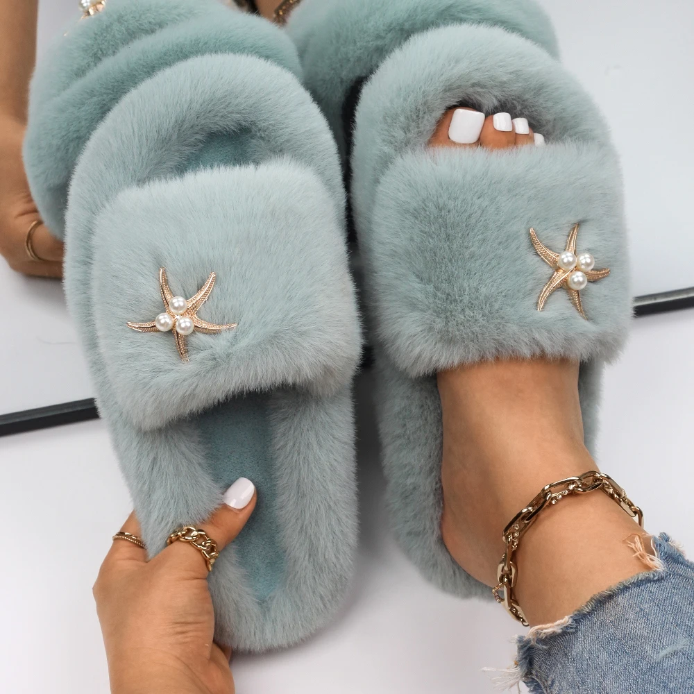 Women's Slippers Fluffy Faux Fur Pearl Starfish Decor Slides Flat Sandals Slippers Smooth Flip Flops DIY Shoes Wholesale
Women's Slippers Fluffy Faux Fur Pearl Starfish Decor Slides Flat Sandals Slippers Smooth Flip Flops DIY Shoes Wholesale