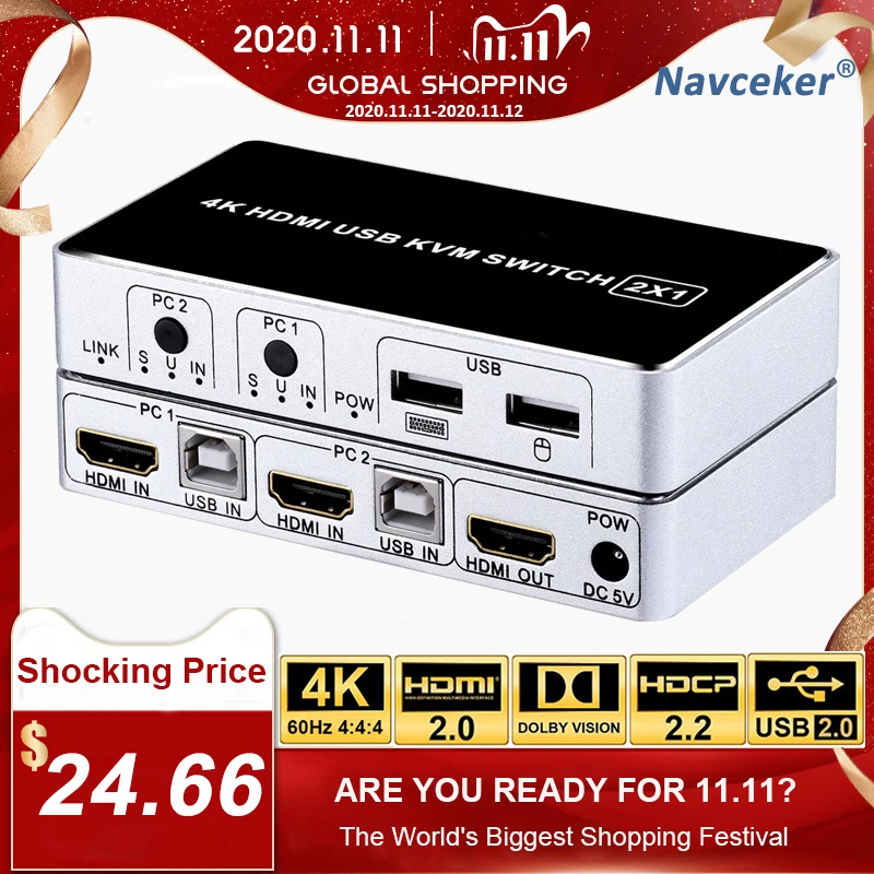 2020 4K 60Hz KVM Switch HDMI 2 Port HDMI KVM Switch USB PC Computer KVM Switch Keyboard Mouse Switcher Box for Laptop,PS4,Xbox
2020 4K 60Hz KVM Switch HDMI 2 Port HDMI KVM Switch USB PC Computer KVM Switch Keyboard Mouse Switcher Box for Laptop,PS4,Xbox