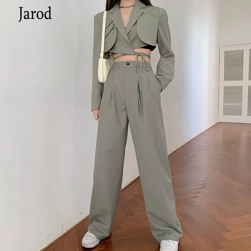 2 Piece Sets Womens Outfits Ladies Office Notched Collar Long sleeve Sexy Lace UP short Coat and High Waist Wide Leg Pants |