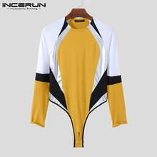 

INCERUN Stylish Homewear Men's Sexy Leisure Stitched Sleeves Rompers Long-sleeved Onesies Stretch Triangle Jumpsuits S-5XL 2021
