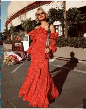 Long Sleeve Camisole Elegant Long Dress Women Polka Dot Hem Flounced Slit Maxi Split Off Shoulder Sundress Vestido -40 
Long Sleeve Camisole Elegant Long Dress Women Polka Dot Hem Flounced Slit Maxi Split Off Shoulder Sundress Vestido -40