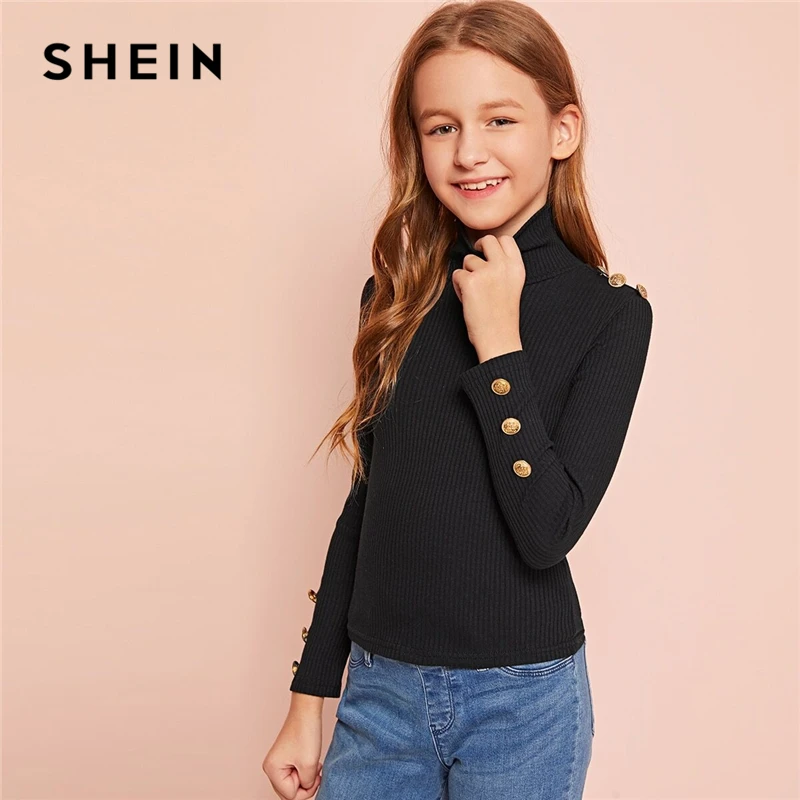 SHEIN Kiddie Black High Neck Ribbed Knit Girls Casual T-Shirt Kids Tops 2020 Spring Long Sleeve Button Children Slim Fitted Tees
SHEIN Kiddie Black High Neck Ribbed Knit Girls Casual T-Shirt Kids Tops 2020 Spring Long Sleeve Button Children Slim Fitted Tees