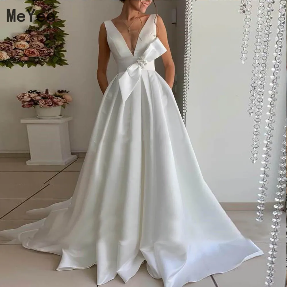 Simple Cheap Stain Wedding Dresses With Detachable Bow 2020 V Neck Open Back Vestido De Novia Long Garden Bridal Gowns
Simple Cheap Stain Wedding Dresses With Detachable Bow 2020 V Neck Open Back Vestido De Novia Long Garden Bridal Gowns