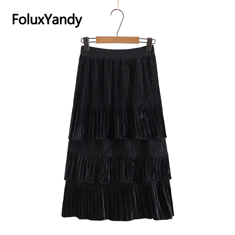 

Pleuche Skirt Plus Size XXXL Fashion Ruffles Mid-Calf Women Pleated Skirt Black KKFY5228
