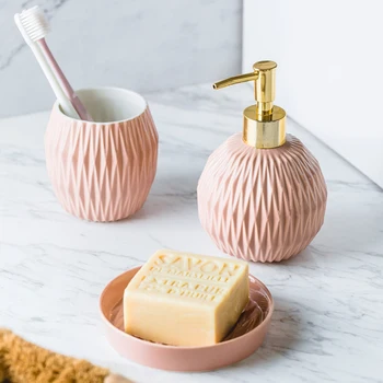 5pcs European-style Ceramic Pink Relief Diamond-shaped Bathroom Four-piece Modern Home Hotel Lotion Bottle Brush Cup Combination
5pcs European-style Ceramic Pink Relief Diamond-shaped Bathroom Four-piece Modern Home Hotel Lotion Bottle Brush Cup Combination