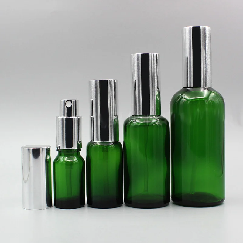 

Travel Refillable Green Glass Bottle With Aluminium Pump 1oz Glass Cream Container 100ML 50ML 30ML 20ML 15ML 10ML 24pcs