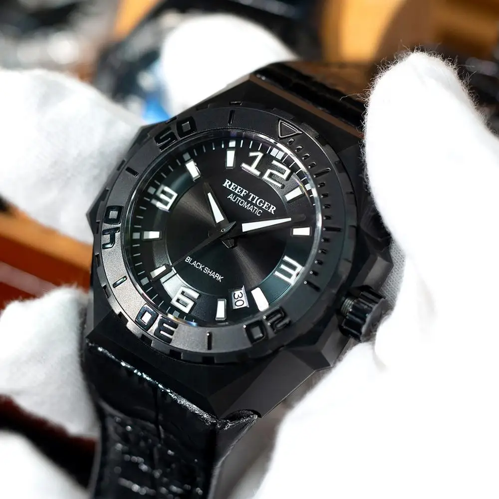 

Reef Tiger/RT Men Sports Watches All Black Automatic Mechanical Watch Military Watches Leather Strap Relogio Masculino RGA6903