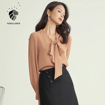 FANSILANEN Office elegant chiffon blouse shirt Women v neck sexy elegant white tie front top Female long sleeve vintage shirt 
FANSILANEN Office elegant chiffon blouse shirt Women v neck sexy elegant white tie front top Female long sleeve vintage shirt