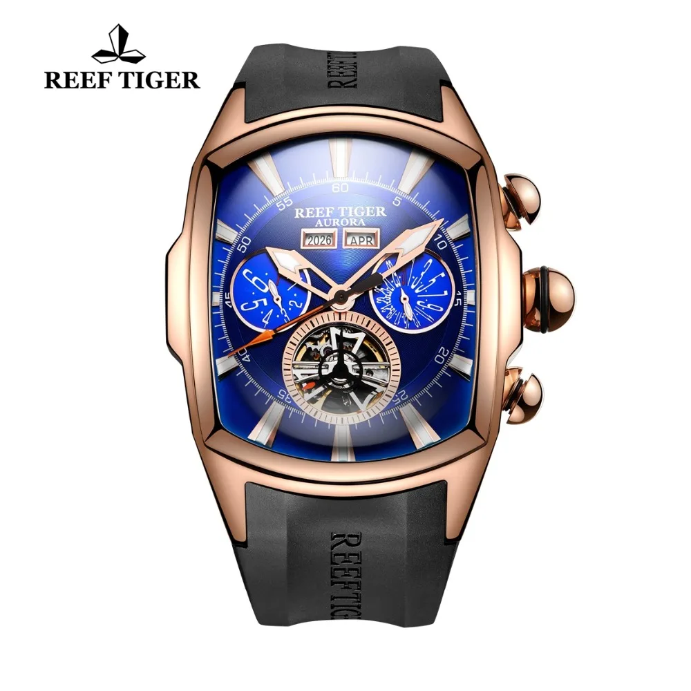 

Reef Tiger/RT Big Sport Watch Men Luminous Analog Tourbillon Watches Top Brand Blue Rose Gold Watch relogio masculino RGA3069