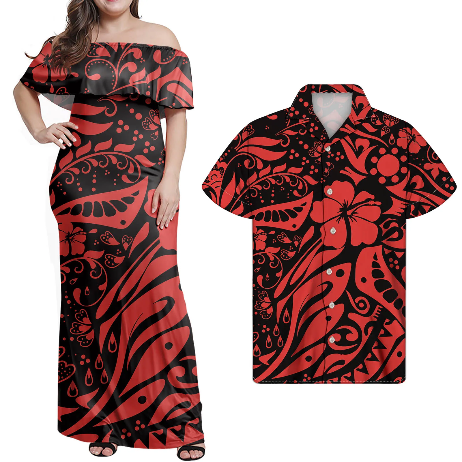 Cumagical Polynesian Black Red Floral Tribal Printed Couple Clothing Elegant Women Off Shoulder Ruffle Dresses Match Men Shirts
Cumagical Polynesian Black Red Floral Tribal Printed Couple Clothing Elegant Women Off Shoulder Ruffle Dresses Match Men Shirts