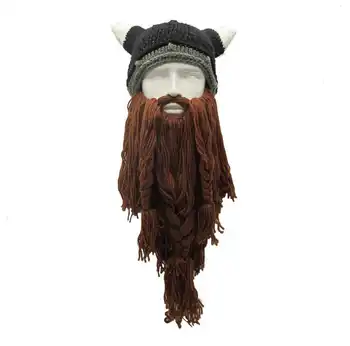 

Funny Man Vikings Beanies Knit Hats Beard Ox Horn Handmade Knitted Men's Winter Hats Warm Caps Women Gift Party Mask Cosplay Cap