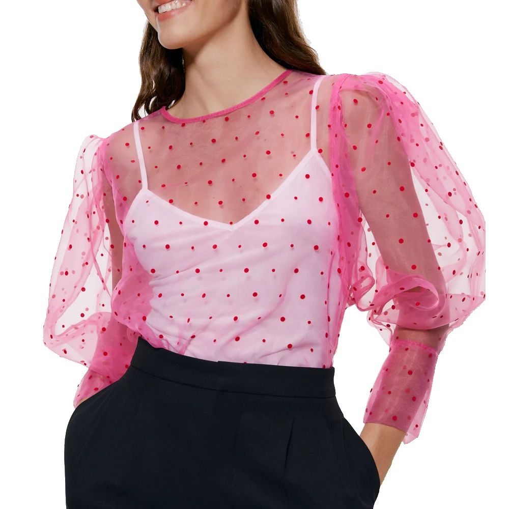 

2019 women's fashion za floral POLKA DOT ORGANZA TOP Semi-sheer top with round neck and long sleeves shirts for girls xs s m l