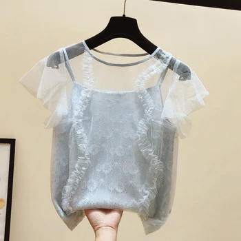 2020 Spring and Summer New Short Temperment Fungus Mesh Blouse with Lace Camis Two-Piece Ladies Tops Blusas Mujer De Moda
2020 Spring and Summer New Short Temperment Fungus Mesh Blouse with Lace Camis Two-Piece Ladies Tops Blusas Mujer De Moda