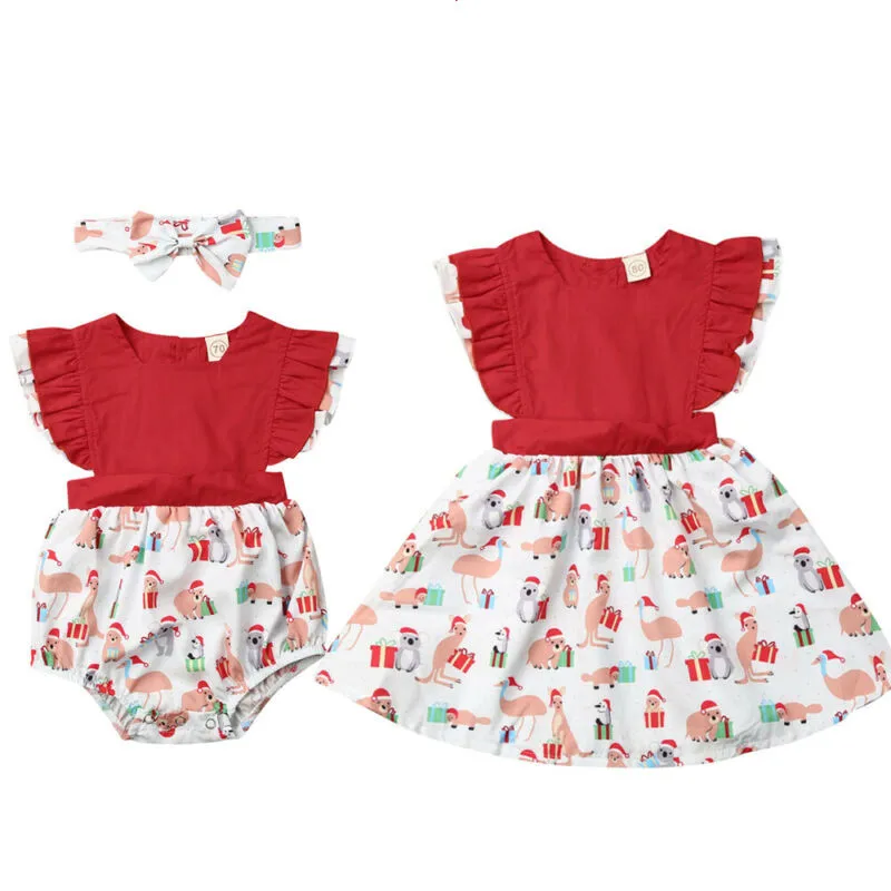 

Baby Girl Clothes 2020 Sisters Matching Christmas Dinosaur Newborn Kid Baby Girl Ruffle Sleeveless Romper Dress Xmas Outfits