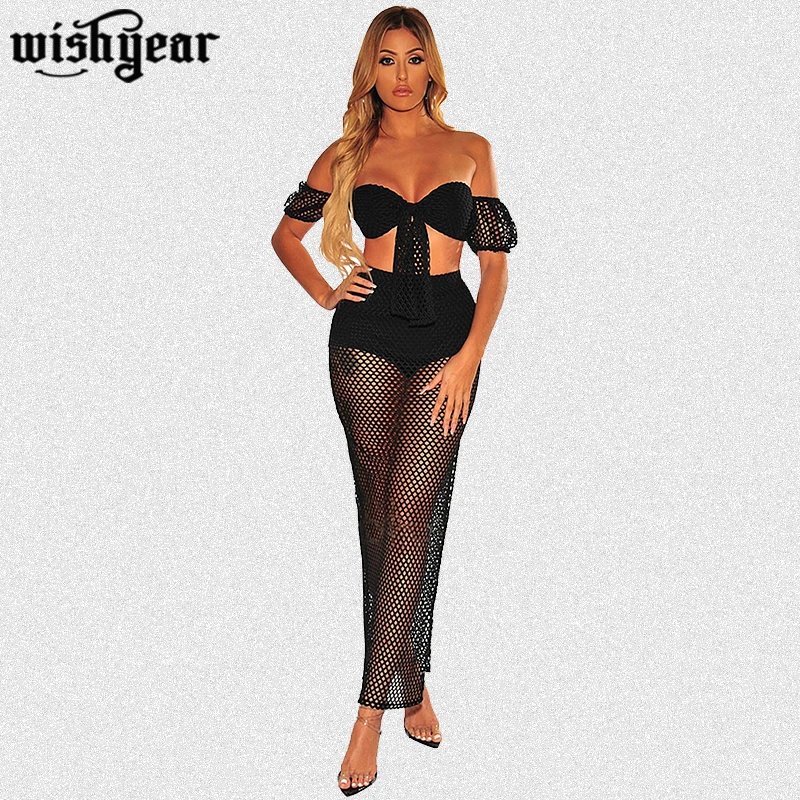 Fishing net Hollow Out Mesh Summer 2 Piece Set Woman Strapless Short Lantern Sleeve Crop Top +High Slit Maxi Skirt Suits
Fishing net Hollow Out Mesh Summer 2 Piece Set Woman Strapless Short Lantern Sleeve Crop Top +High Slit Maxi Skirt Suits