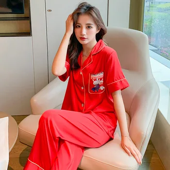 Casual Summer New Nightwear Sleepwear Satin Lady Intimate Lingerie 2PCS Pajamas Set Pyjamas Print Cartoon Shirt&Pants Homewear 
Casual Summer New Nightwear Sleepwear Satin Lady Intimate Lingerie 2PCS Pajamas Set Pyjamas Print Cartoon Shirt&Pants Homewear