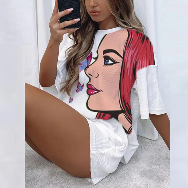 Streetwear Outfit Harajuku Women Cartoon Shirt Short Sleeve Chic Print Plus Sweatpants Set JKP4728