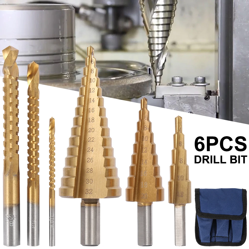 6Pcs HSS Steel Titanium Step Drill Bit Set 4-12/20/32mm Metal Hole Cutter Wood Cone Core Drilling Hole Saw Tool+3,6,8 Saw Drill
6Pcs HSS Steel Titanium Step Drill Bit Set 4-12/20/32mm Metal Hole Cutter Wood Cone Core Drilling Hole Saw Tool+3,6,8 Saw Drill