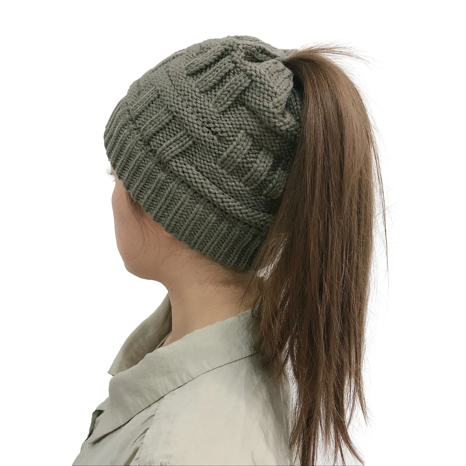 

Women Hat Knit Skull Beanie Winter Outdoor Runner Messy Bun Ponytail Cap