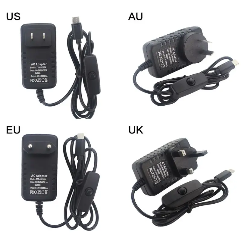 Raspberry Pi 4 Model B AU/UK/EU/US Plug5V 3A Type C Charger Adapter Cable Power Supply with Switch
Raspberry Pi 4 Model B AU/UK/EU/US Plug5V 3A Type C Charger Adapter Cable Power Supply with Switch